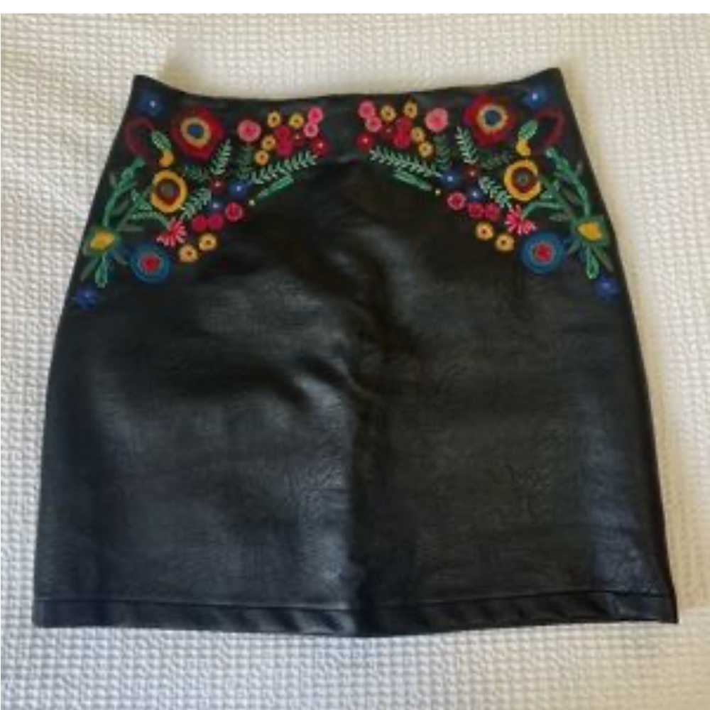 Jella Couture Black Leather Embroidered Mini Skirt